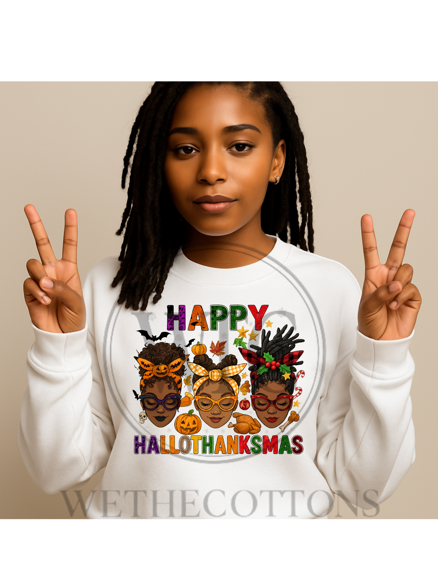 Happy HalloThanksmas Women’s Graphic Tee – Halloween, Thanksgiving & Christmas Afrocentric Design