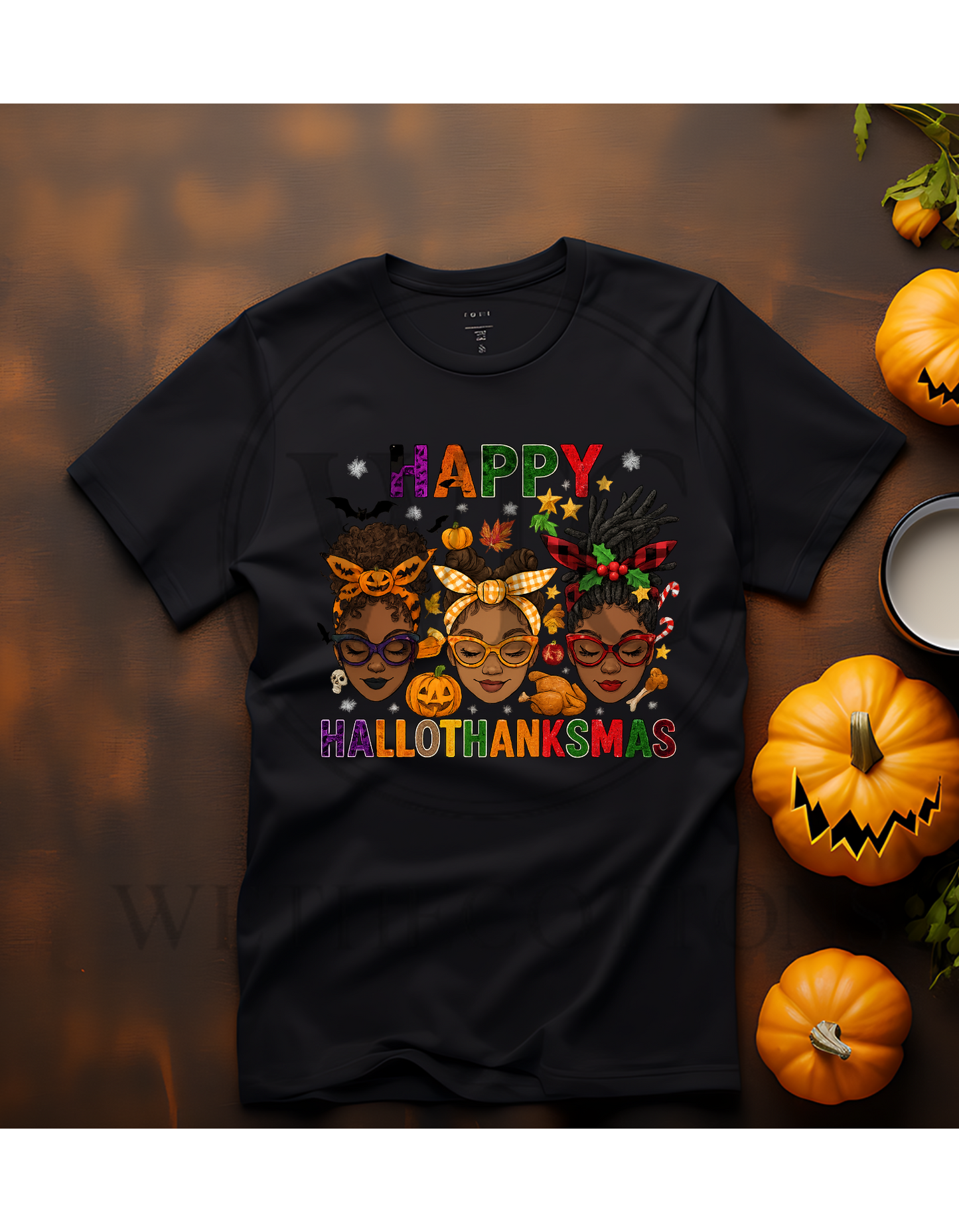 Happy HalloThanksmas Women’s Graphic Tee – Halloween, Thanksgiving & Christmas Afrocentric Design