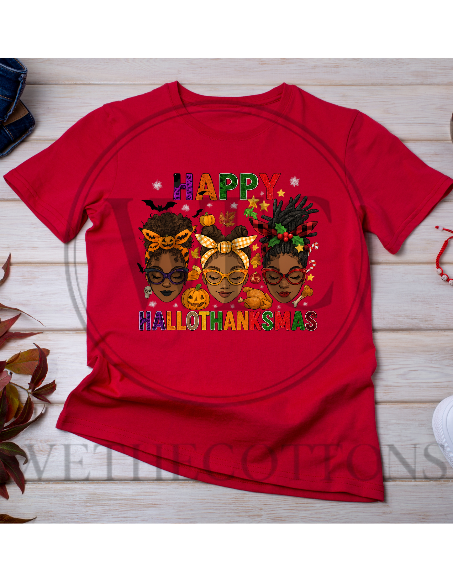 Happy HalloThanksmas Women’s Graphic Tee – Halloween, Thanksgiving & Christmas Afrocentric Design