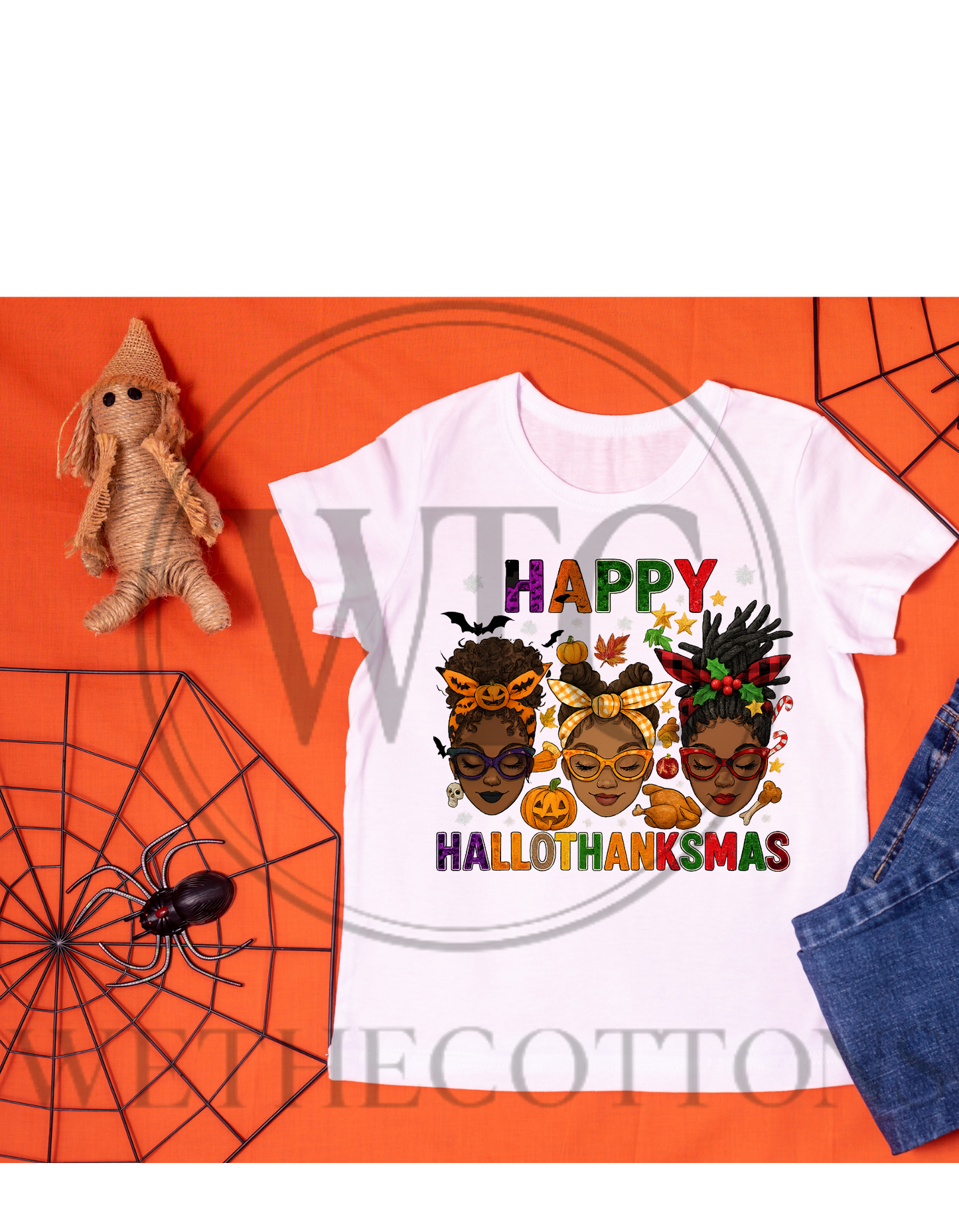 Happy HalloThanksmas Women’s Graphic Tee – Halloween, Thanksgiving & Christmas Afrocentric Design