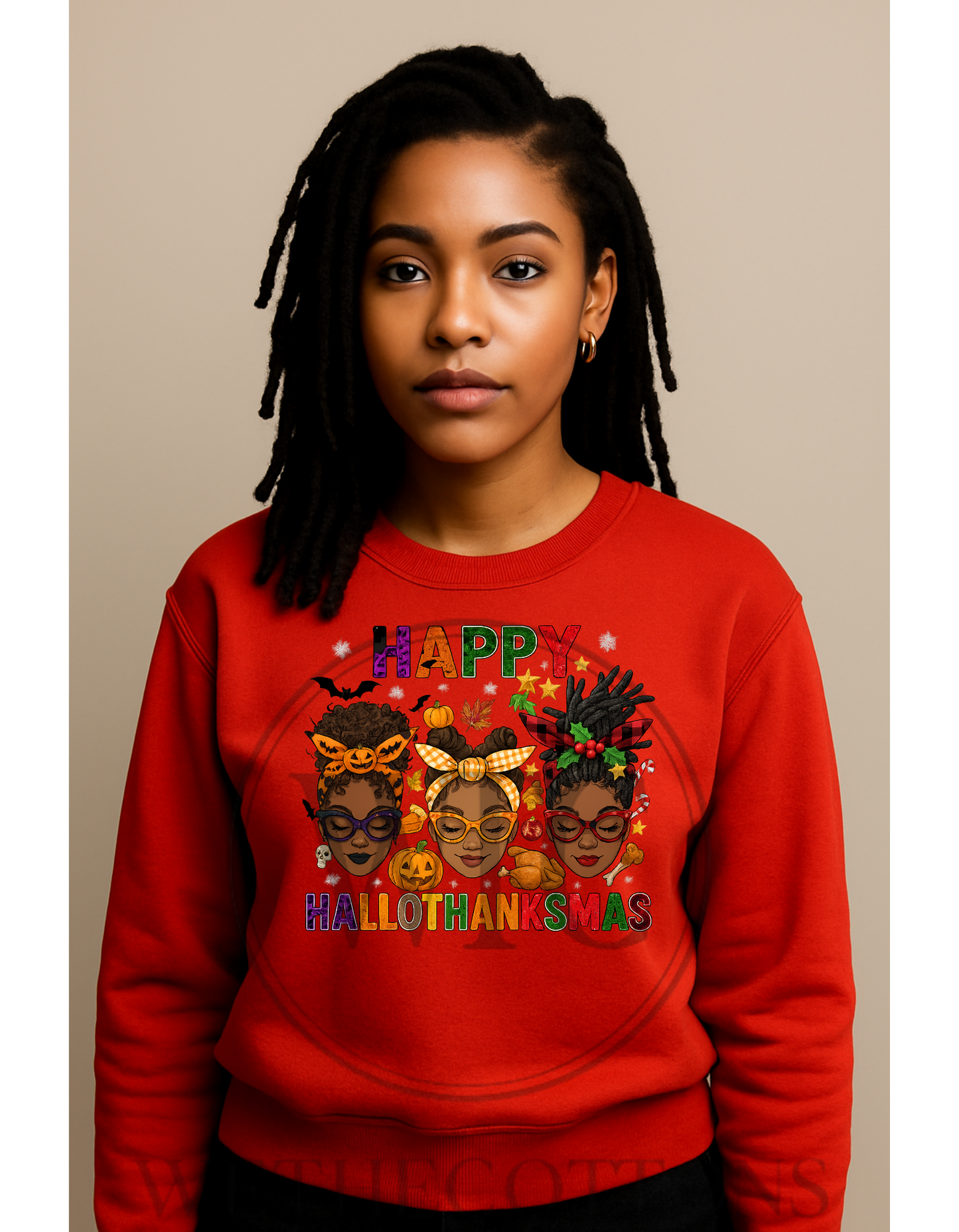 Happy HalloThanksmas Women’s Graphic Tee – Halloween, Thanksgiving & Christmas Afrocentric Design