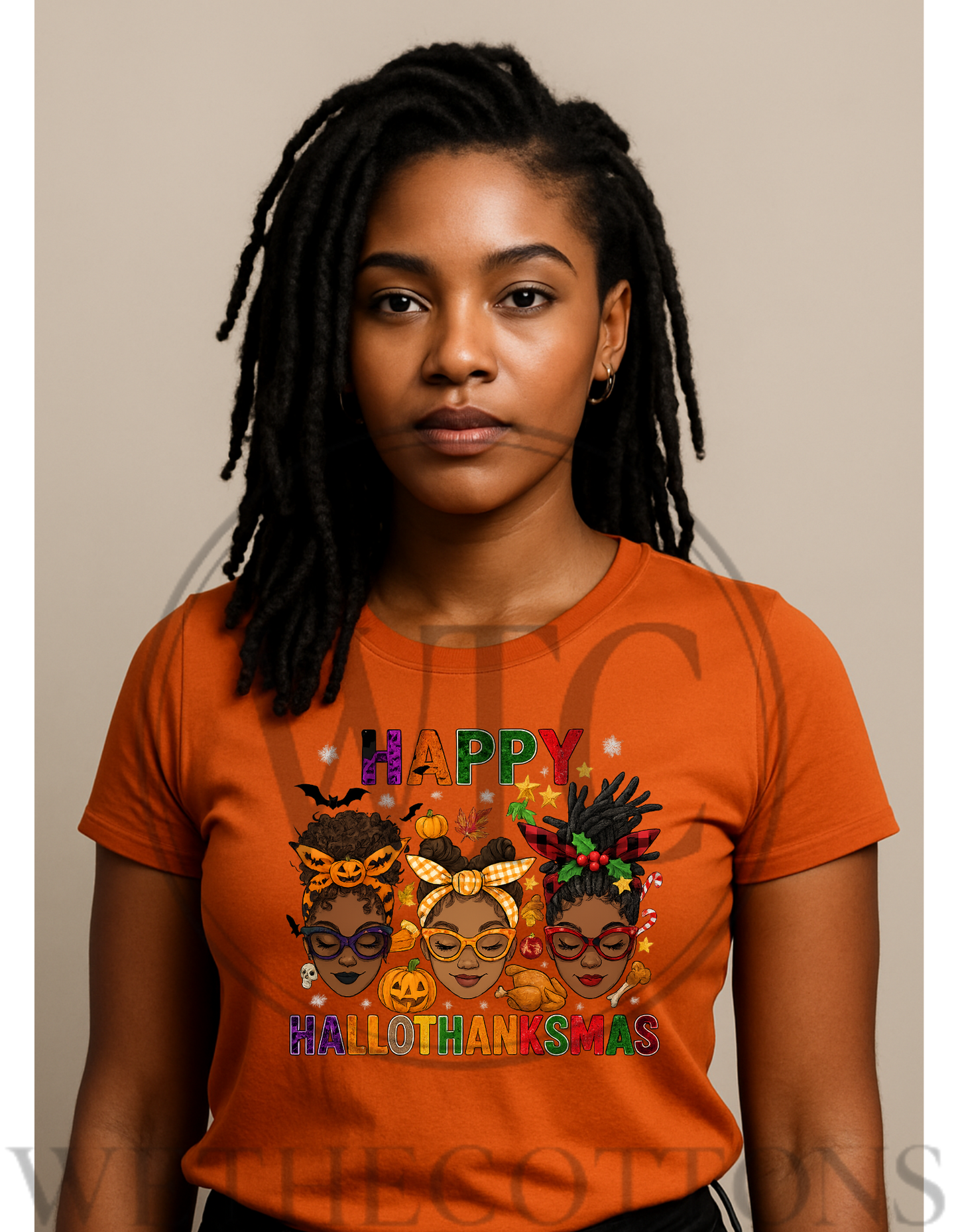 Happy HalloThanksmas Women’s Graphic Tee – Halloween, Thanksgiving & Christmas Afrocentric Design