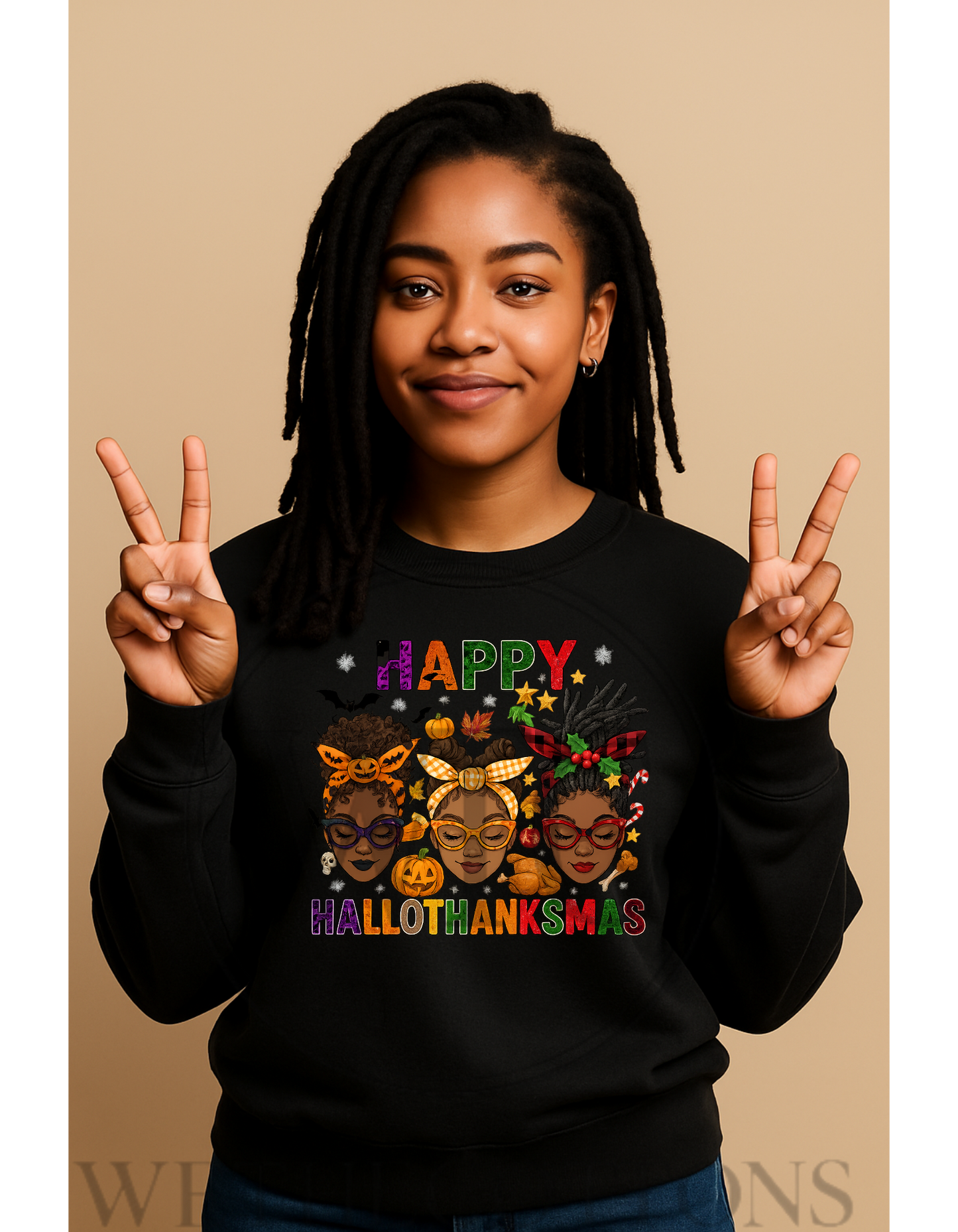 Happy HalloThanksmas Women’s Graphic Tee – Halloween, Thanksgiving & Christmas Afrocentric Design