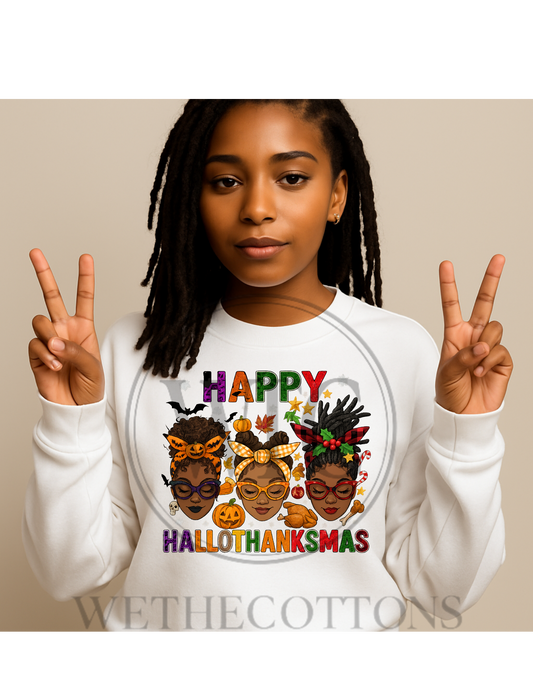 Happy HalloThanksmas Women’s Graphic Tee – Halloween, Thanksgiving & Christmas Afrocentric Design